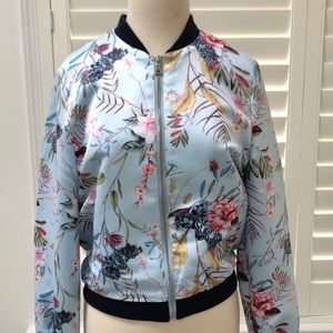 Pale blue satin, floral bomber jacket